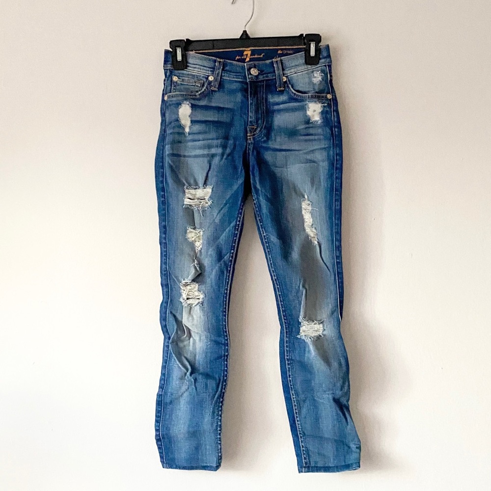 Altered in length 7 for all mankind skinny jeans, distressed, size 24